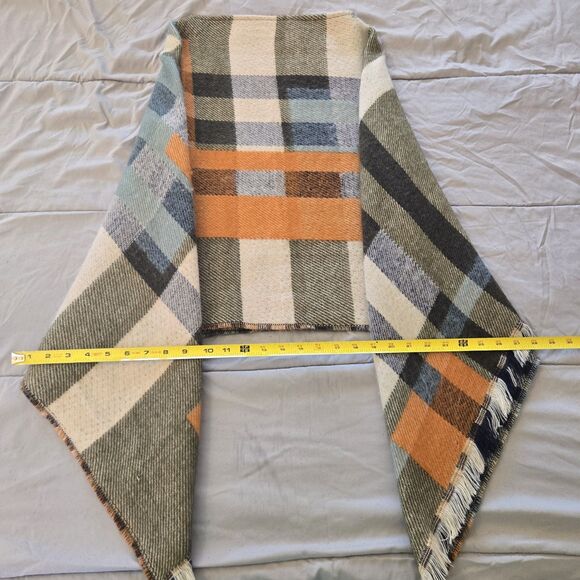 Boho Plaid Blanket Shawl Scarf Poncho Wrap Ruana Fall Winter Rust Sage Fringe - Picture 6 of 6